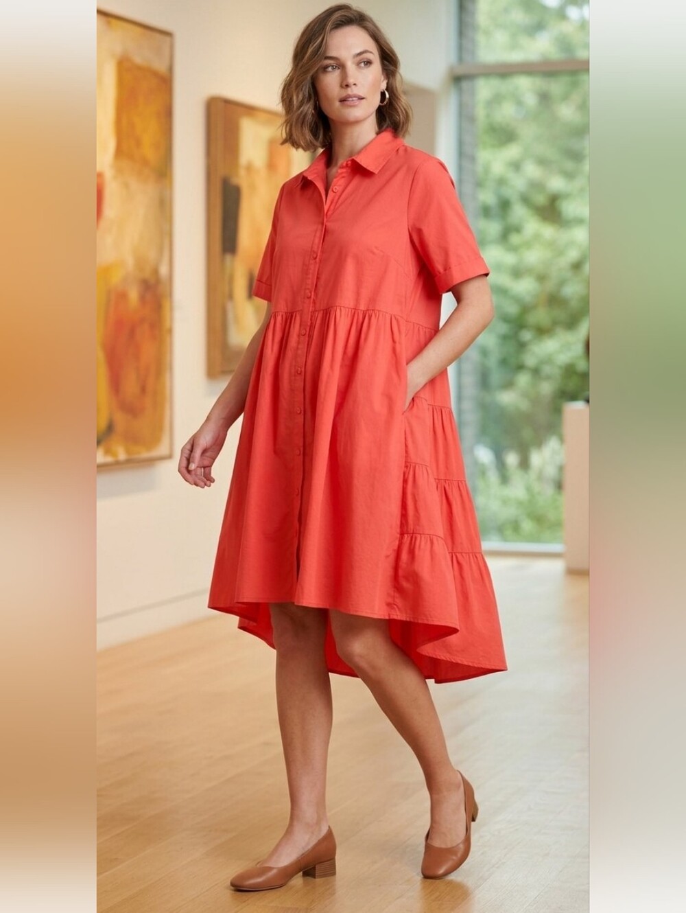 Cato Red Orange Tiered Shirt Dress Medium 100% Cotton Short Sleeve High-Low